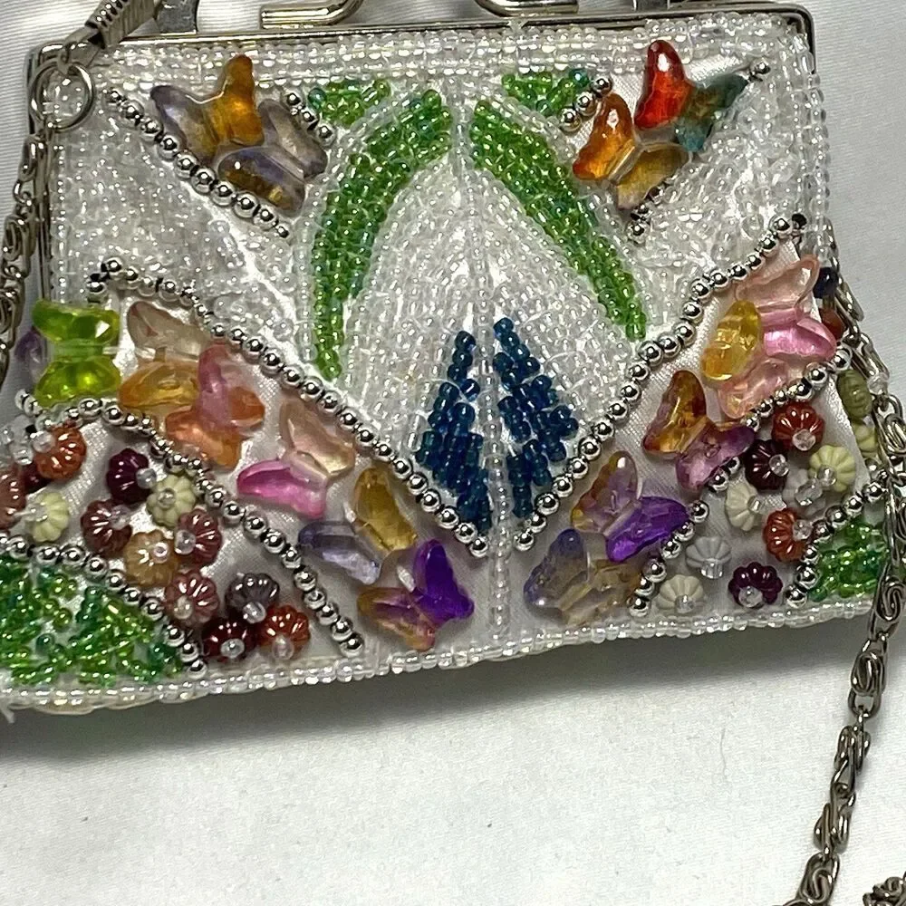 Cross Shoulder Bead Rhinestone Coin Purse Kiss-Lock Frame Vintage Butterflies
